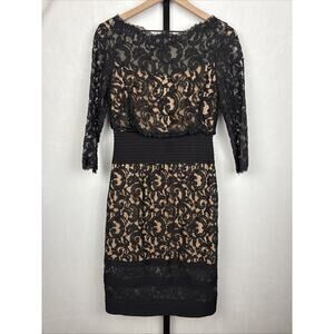 Tadashi Shoji Lace Dress Size 2 Black 3/4 Sleeve Knee Length Party Wedding Guest